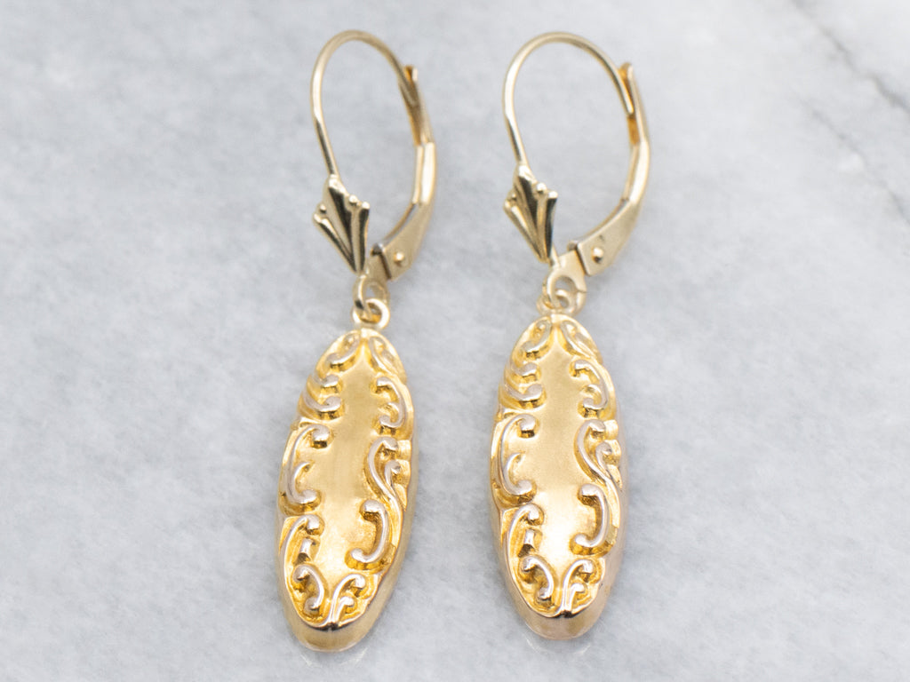 Antique Chased Yellow Gold Retrofitted Cufflink Drop Earrings