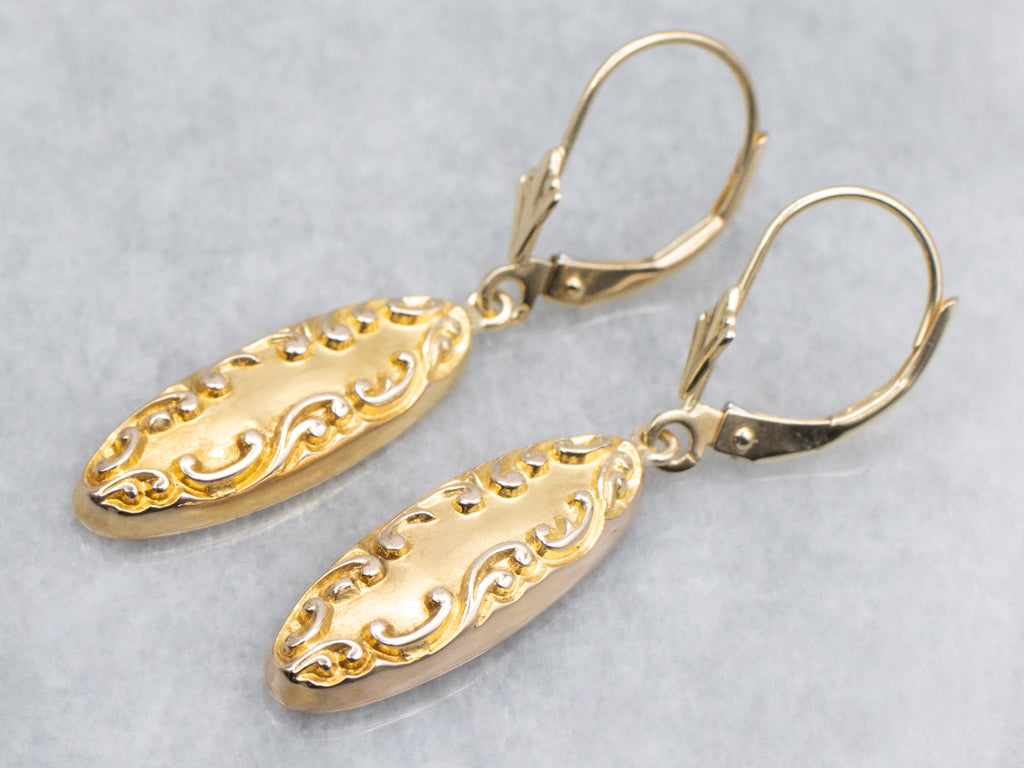 Antique Chased Yellow Gold Retrofitted Cufflink Drop Earrings