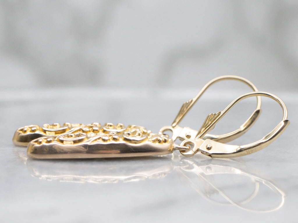 Antique Chased Yellow Gold Retrofitted Cufflink Drop Earrings