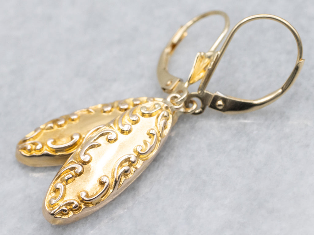 Antique Chased Yellow Gold Retrofitted Cufflink Drop Earrings