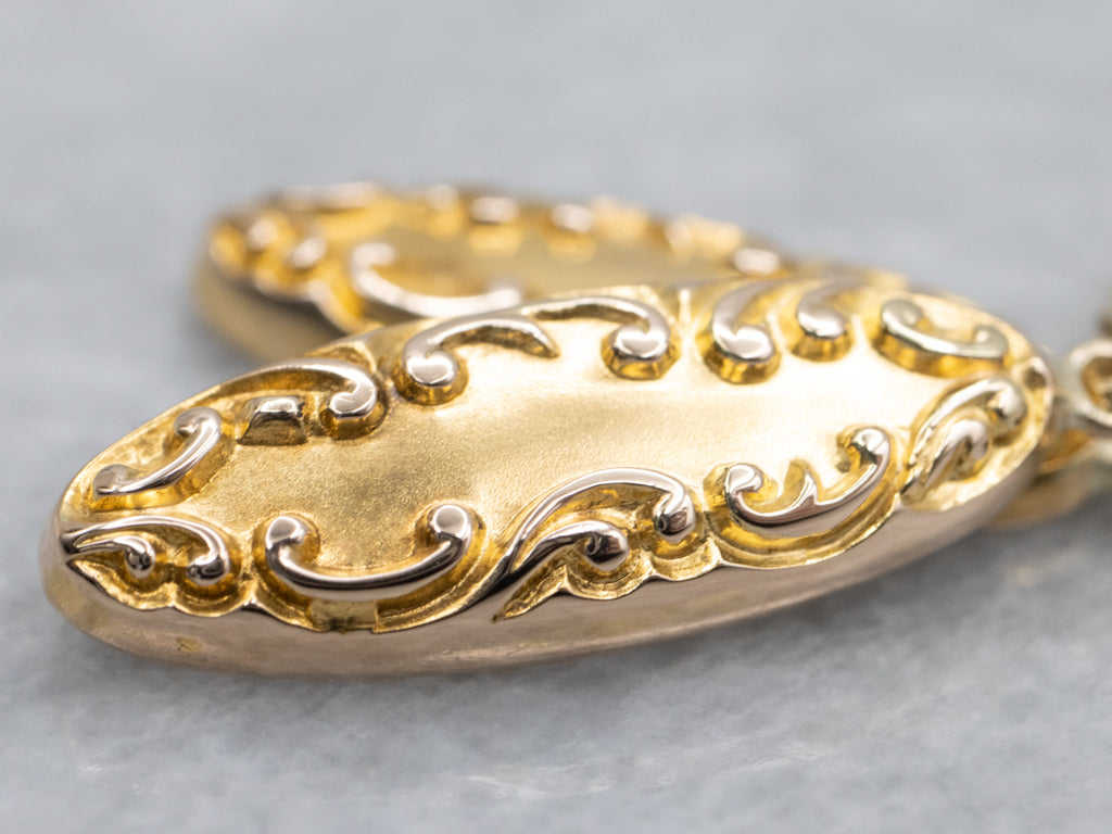 Antique Chased Yellow Gold Retrofitted Cufflink Drop Earrings