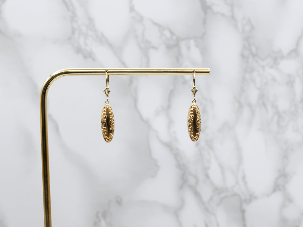 Antique Chased Yellow Gold Retrofitted Cufflink Drop Earrings