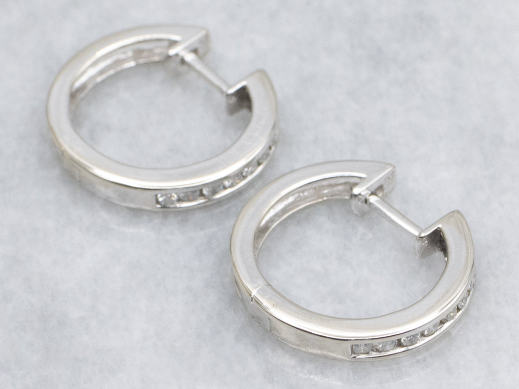 White Gold Channel-Set Diamond Huggie Hoop Earrings