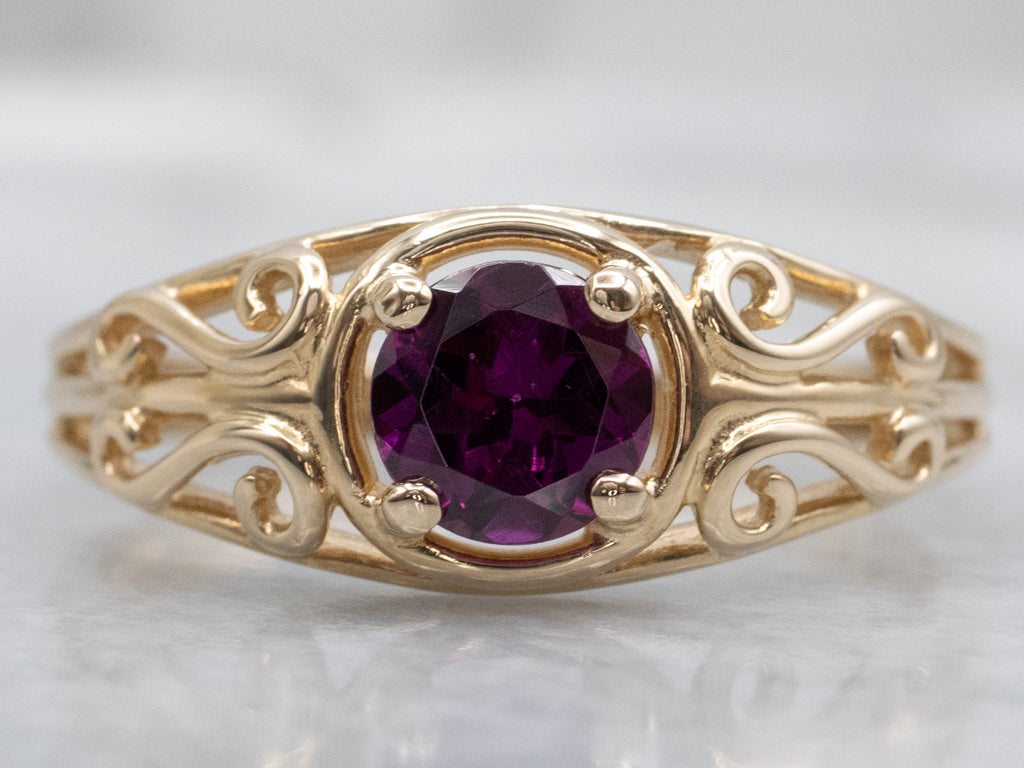 Rhodolite Garnet Scrolling Gold Solitaire Ring