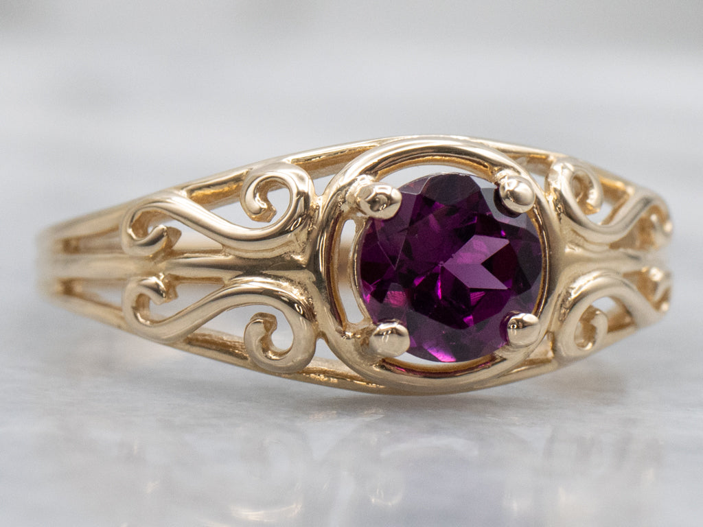 Rhodolite Garnet Scrolling Gold Solitaire Ring