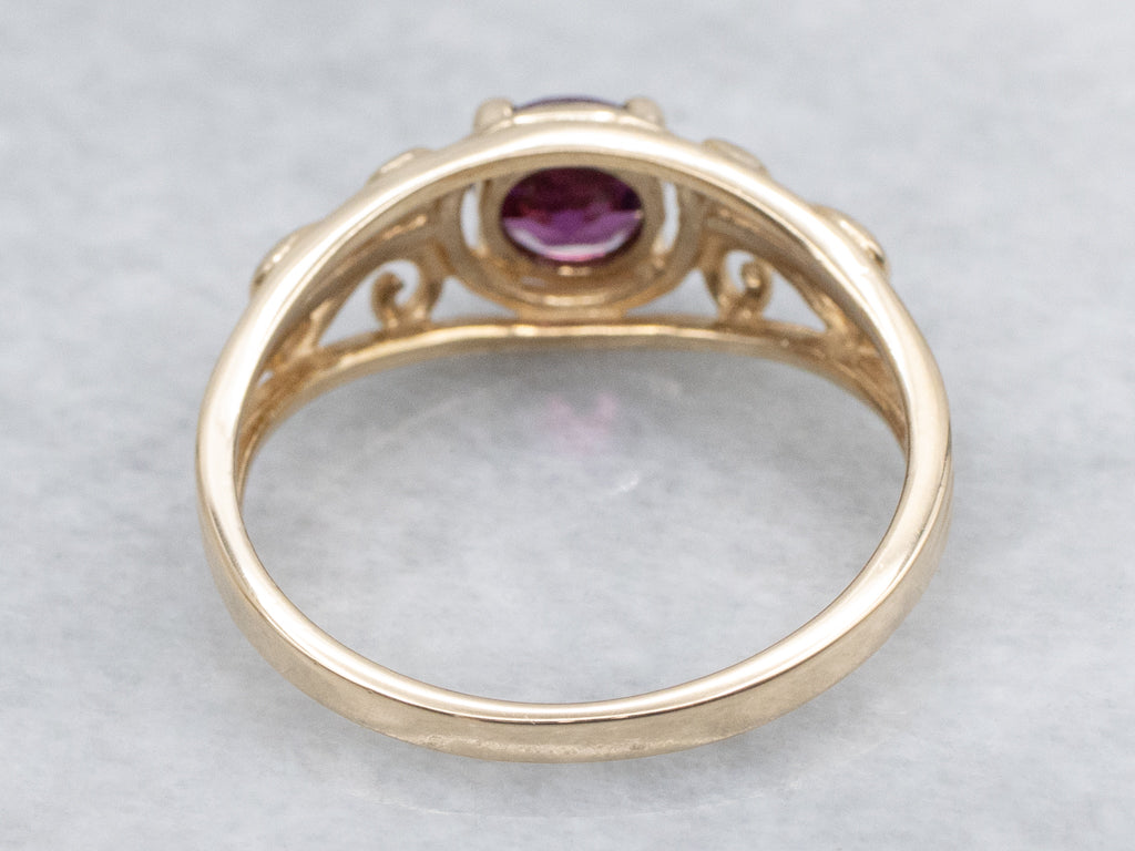 Rhodolite Garnet Scrolling Gold Solitaire Ring