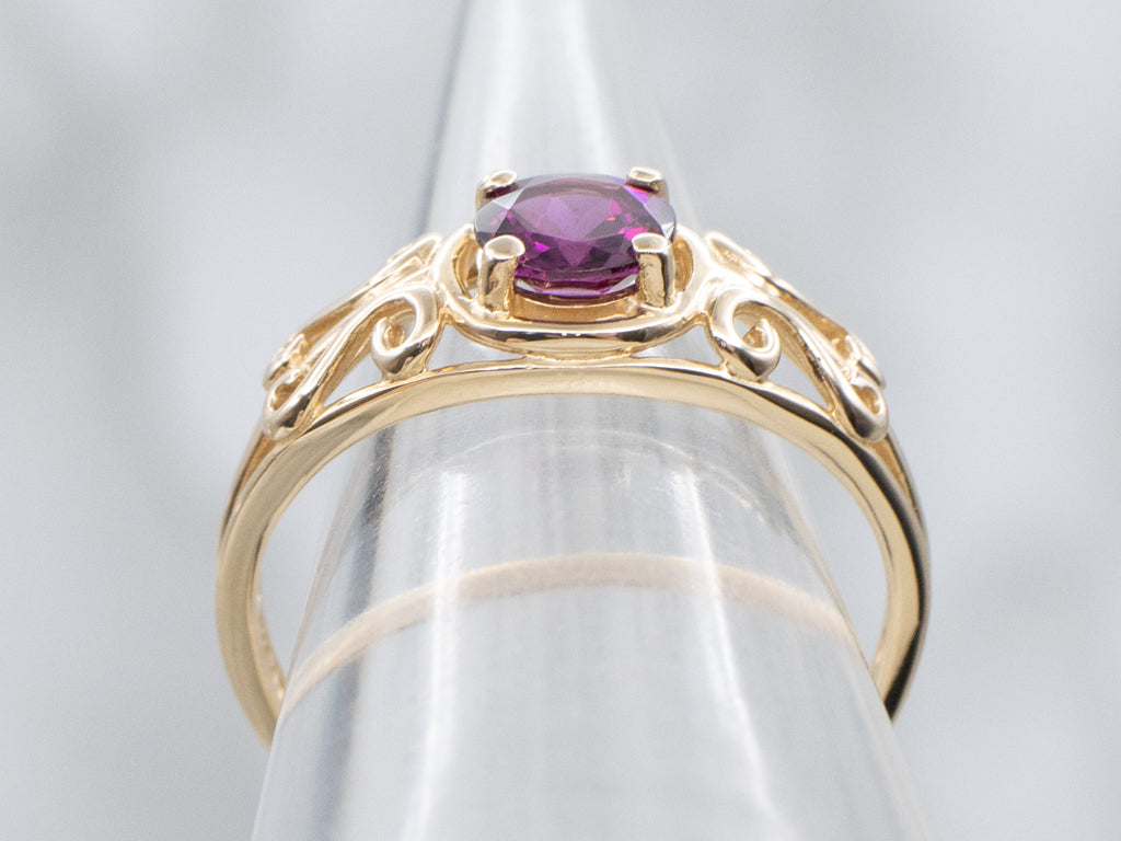 Rhodolite Garnet Scrolling Gold Solitaire Ring
