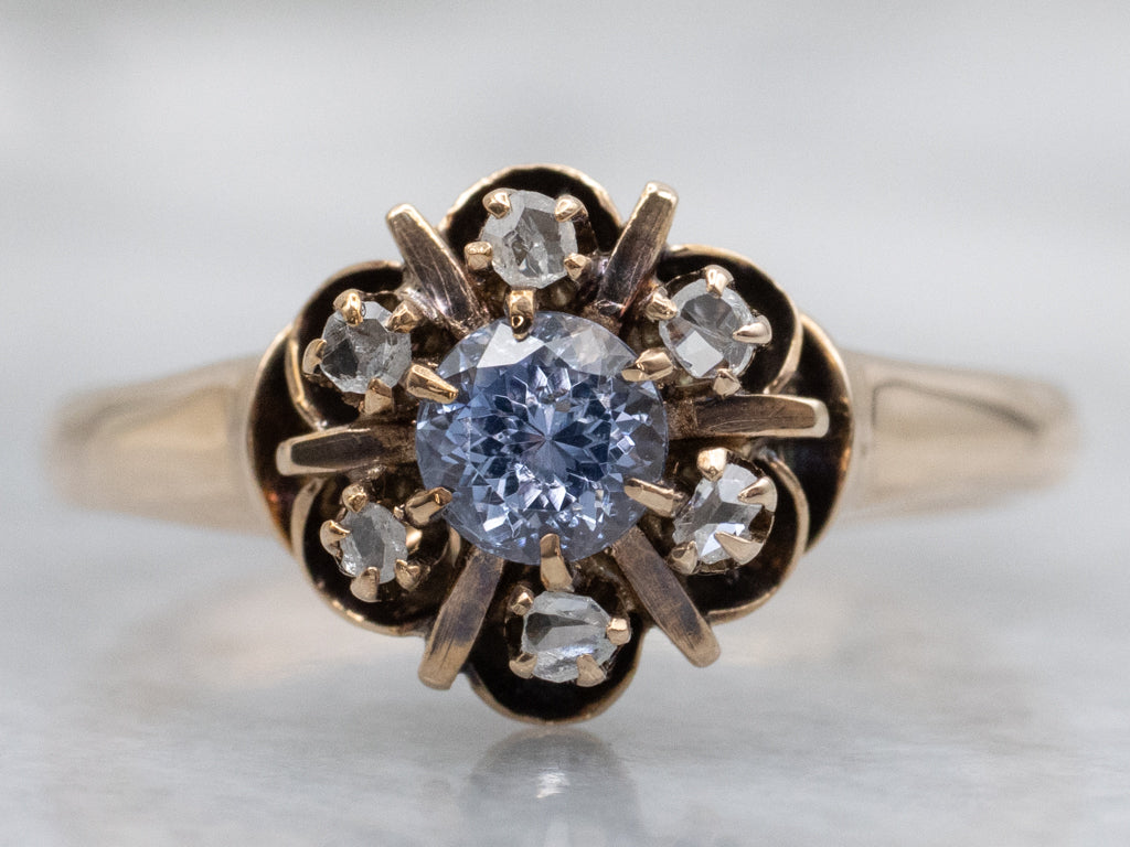 Victorian Buttercup-Set Sapphire and Rose Cut Diamond Halo Ring