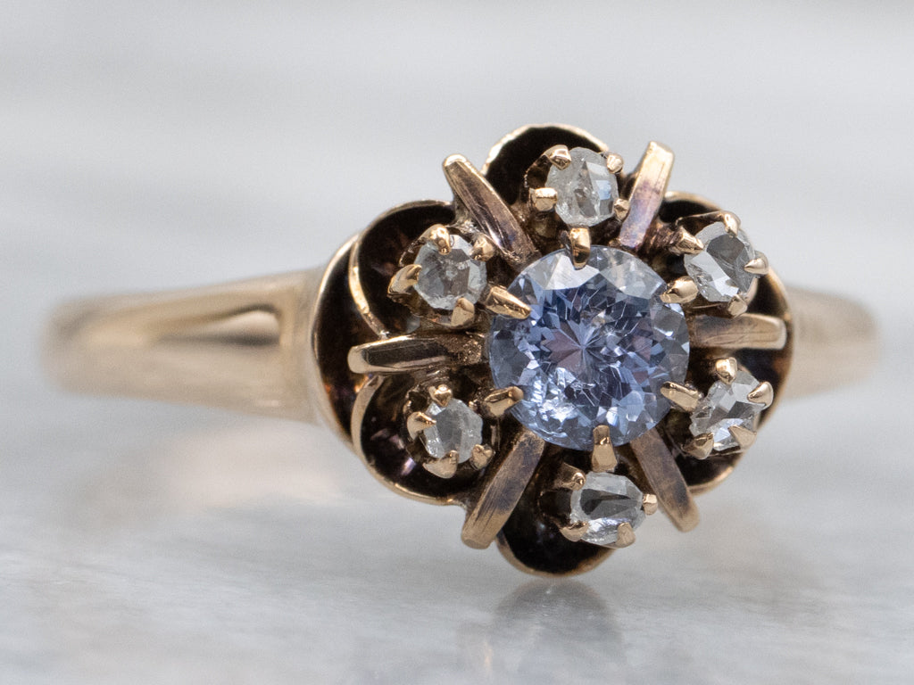 Victorian Buttercup-Set Sapphire and Rose Cut Diamond Halo Ring