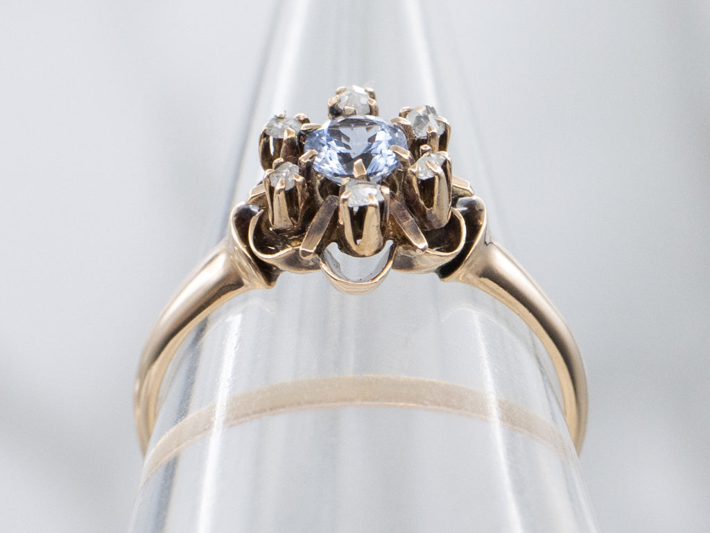 Victorian Buttercup-Set Sapphire and Rose Cut Diamond Halo Ring