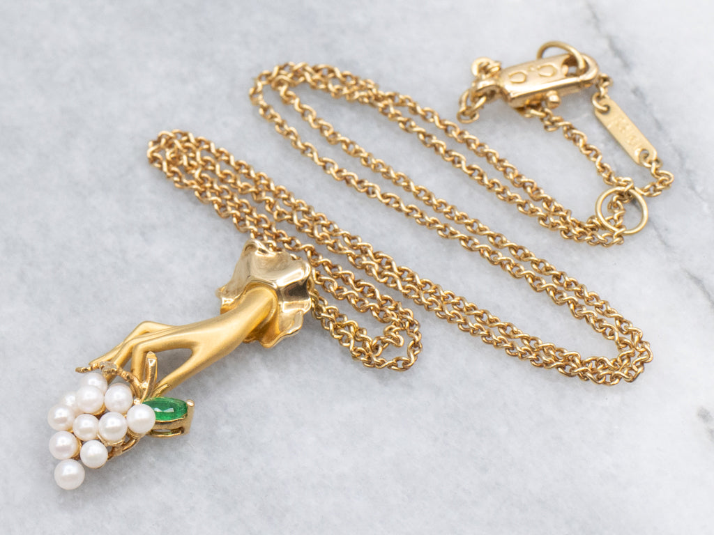 Vintage Emerald and Seed Pearl Carrera Y Carrera Las Manos Collection Hand Necklace