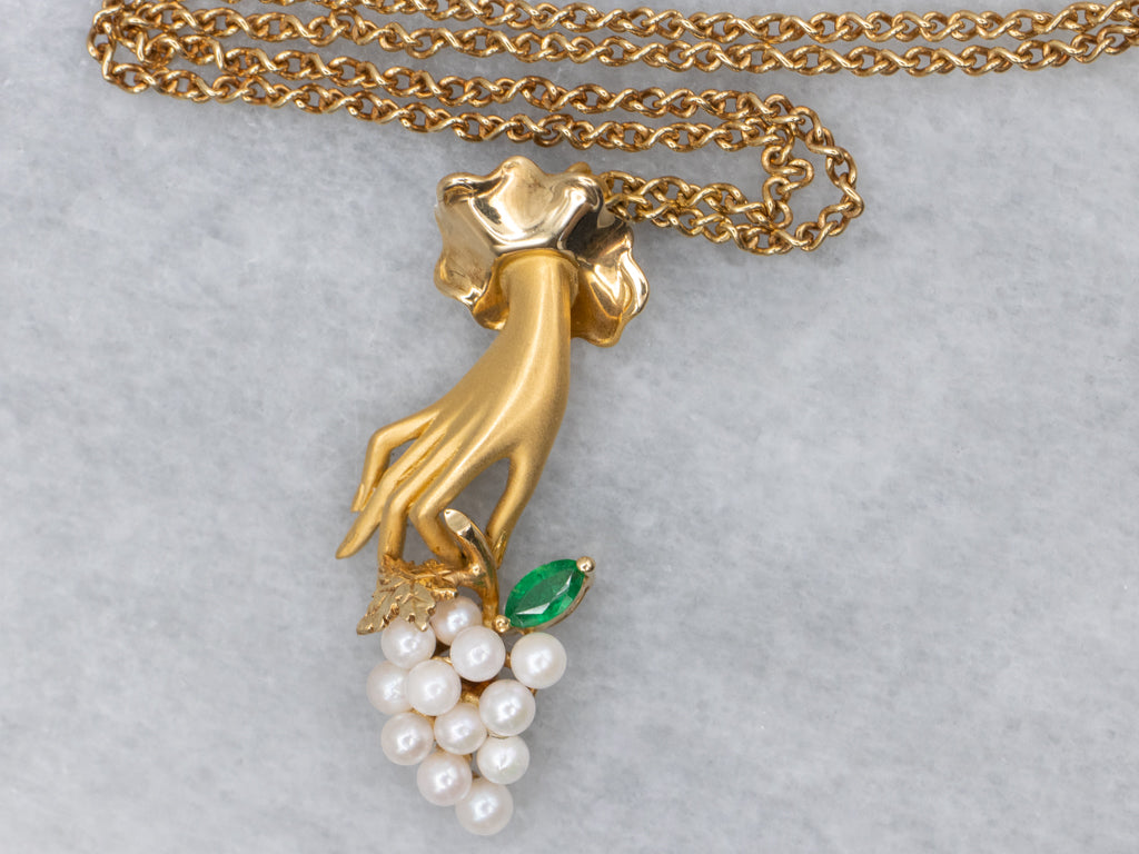 Vintage Emerald and Seed Pearl Carrera Y Carrera Las Manos Collection Hand Necklace