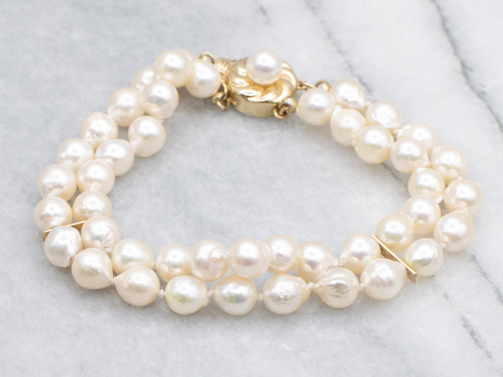 Double-Strand Vintage Pearl Bracelet with Yellow Gold Clasp