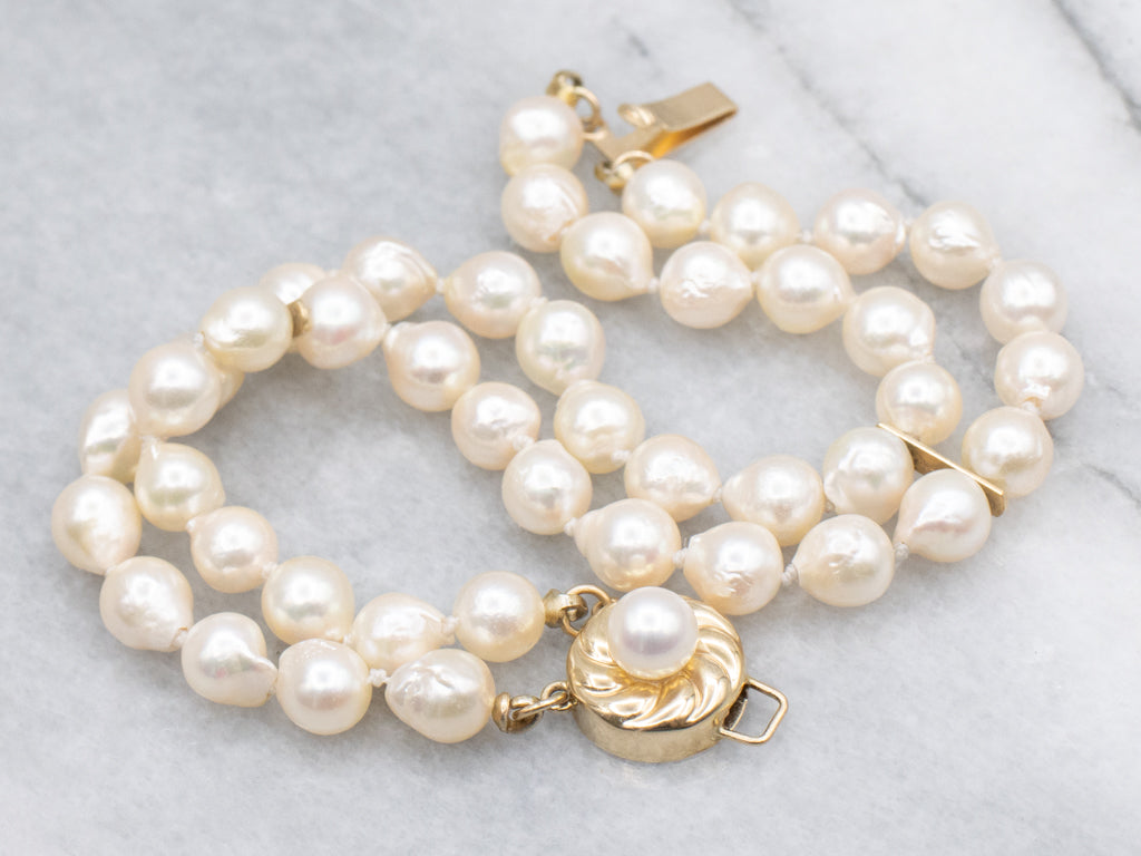 Double-Strand Vintage Pearl Bracelet with Yellow Gold Clasp