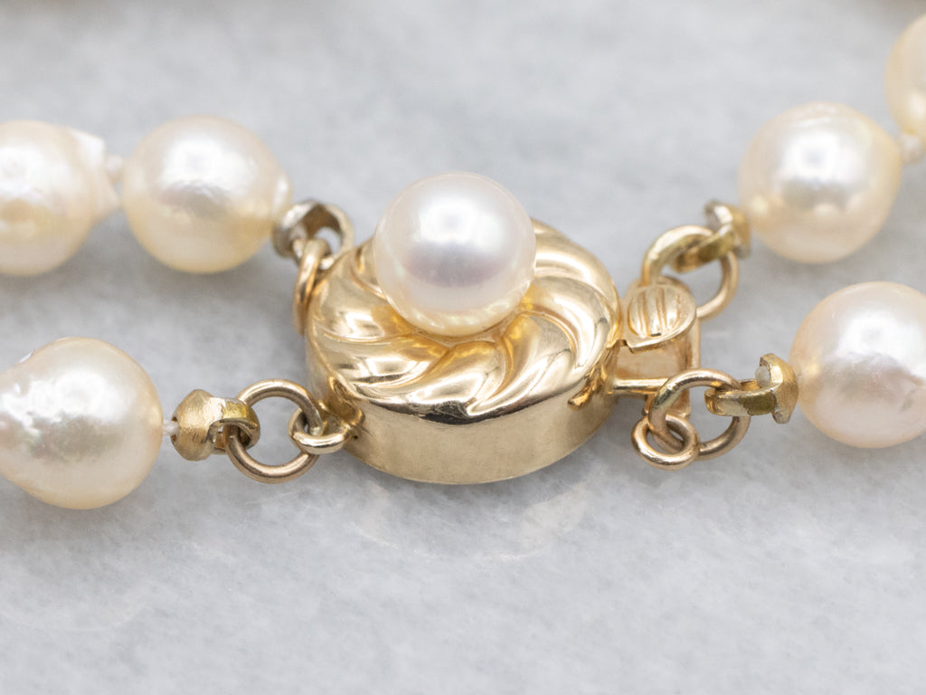 Double-Strand Vintage Pearl Bracelet with Yellow Gold Clasp