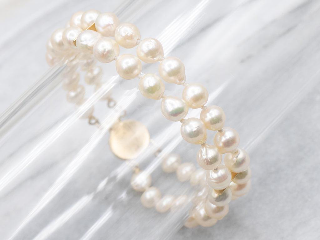 Double-Strand Vintage Pearl Bracelet with Yellow Gold Clasp