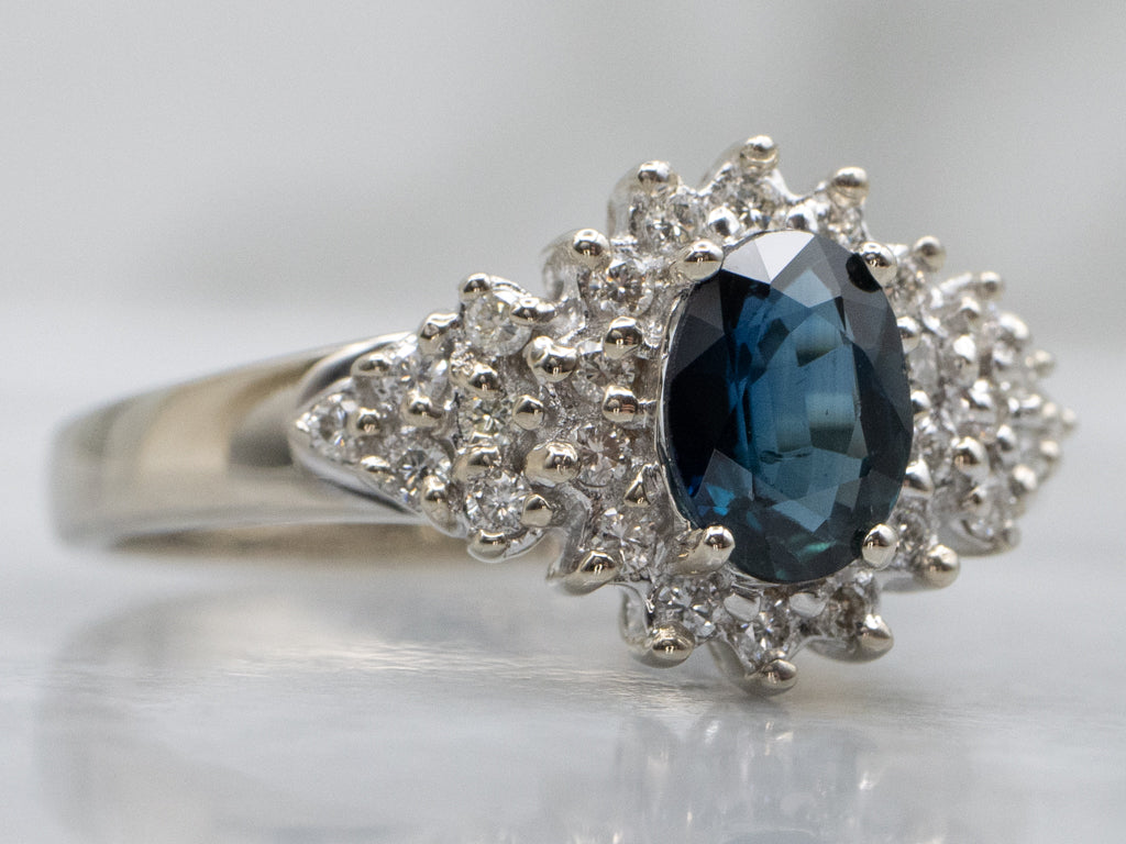 Modern Sapphire and Diamond Halo White Gold Ring