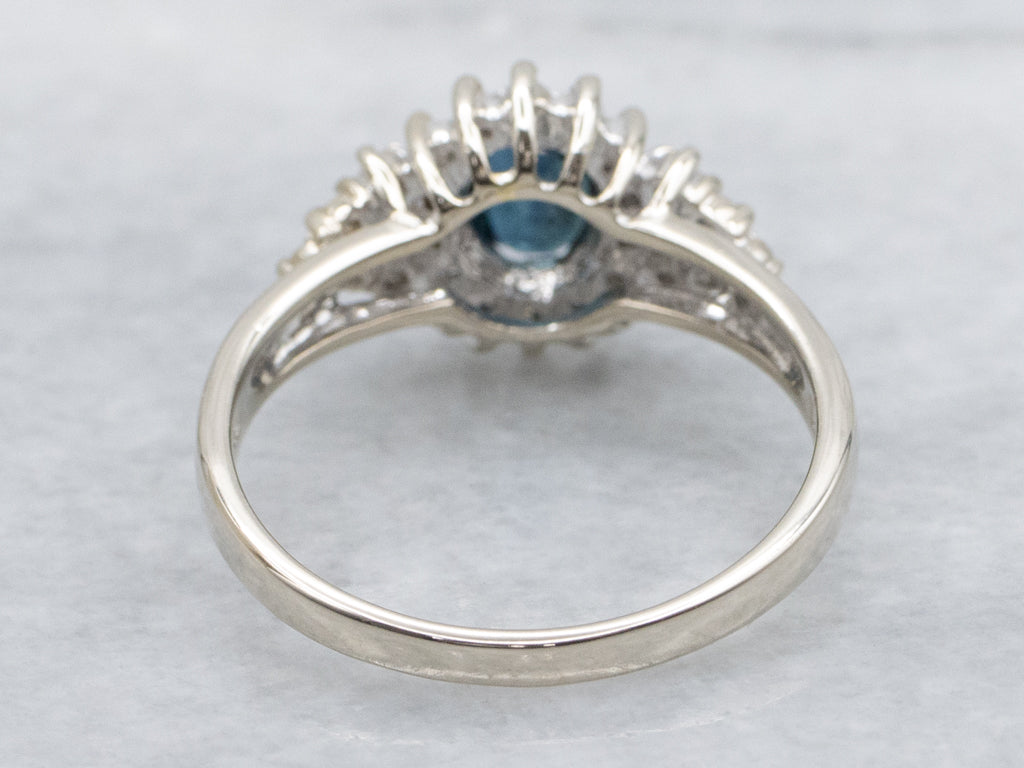 Modern Sapphire and Diamond Halo White Gold Ring