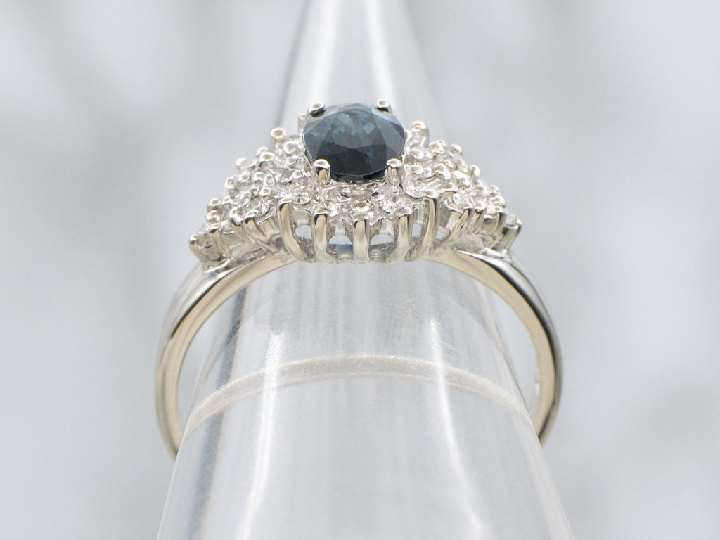 Modern Sapphire and Diamond Halo White Gold Ring