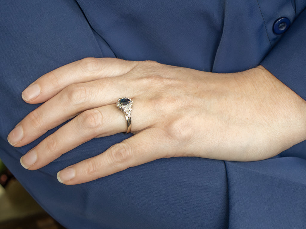 Modern Sapphire and Diamond Halo White Gold Ring