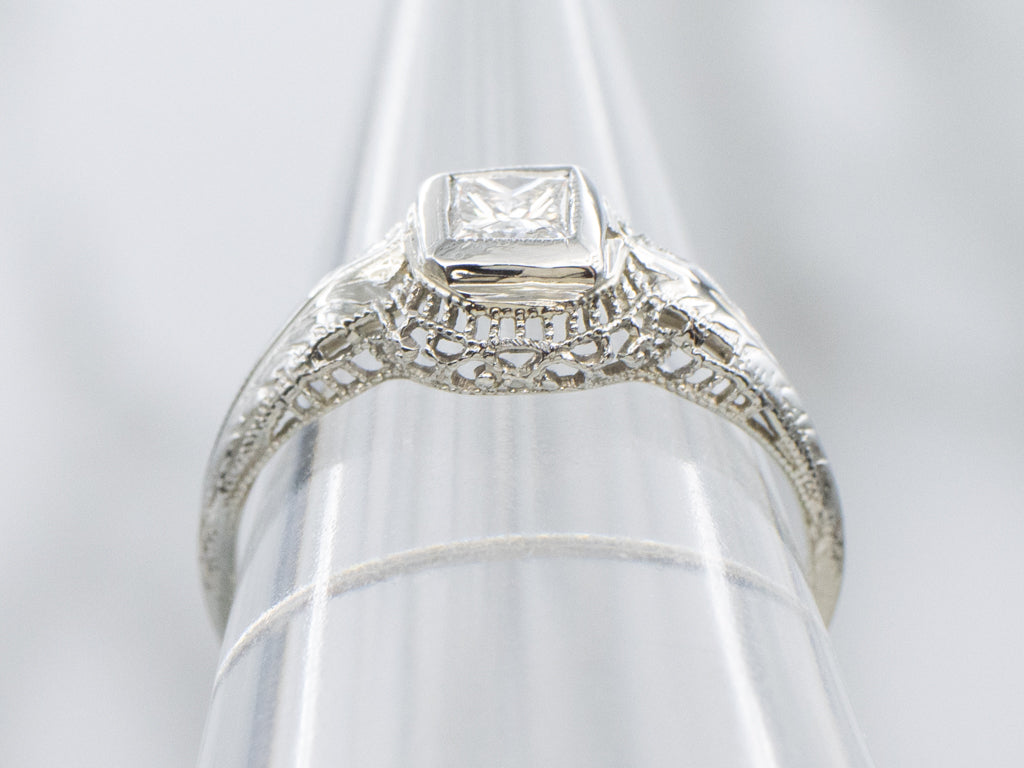 White Gold 1920s Princess Cut Diamond Engagement Ring