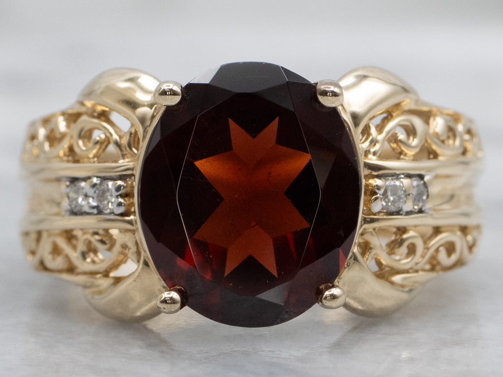 Bold Garnet and Gold Filigree Statement Ring with Diamonds
