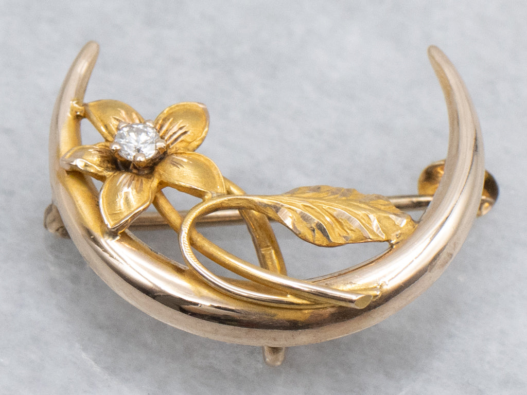 Art Nouveau Floral Diamond Crescent Moon Pin or Pendant