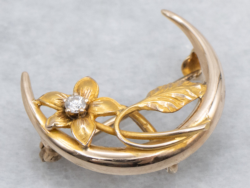 Art Nouveau Floral Diamond Crescent Moon Pin or Pendant