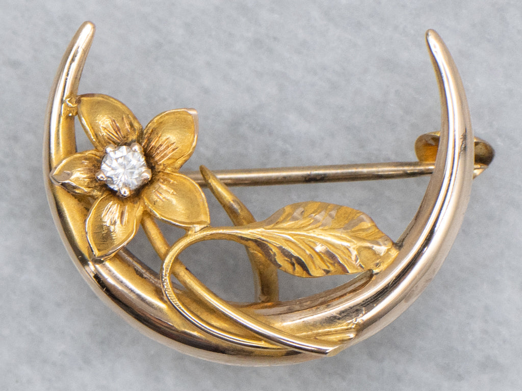 Art Nouveau Floral Diamond Crescent Moon Pin or Pendant