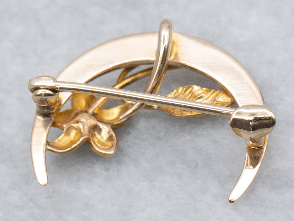 Art Nouveau Floral Diamond Crescent Moon Pin or Pendant
