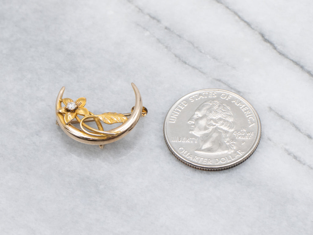 Art Nouveau Floral Diamond Crescent Moon Pin or Pendant