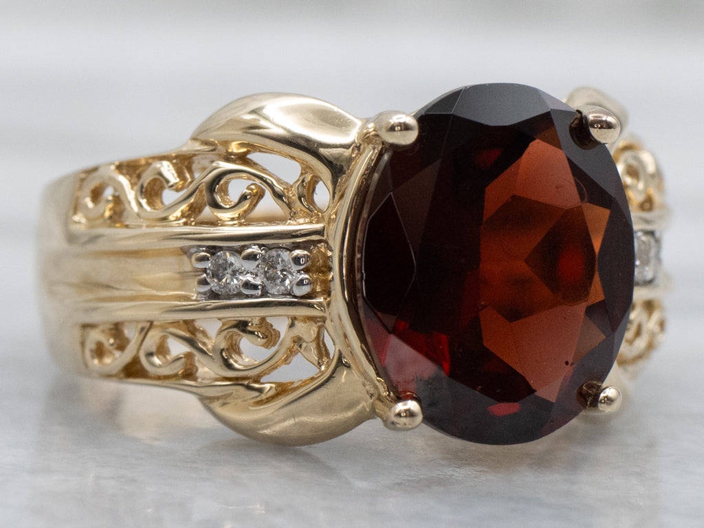 Bold Garnet and Gold Filigree Statement Ring with Diamonds