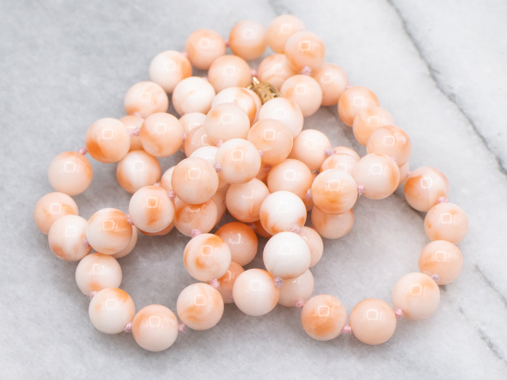 Angle Skin Coral Beaded Necklace with Yellow Gold Filigree Clasp