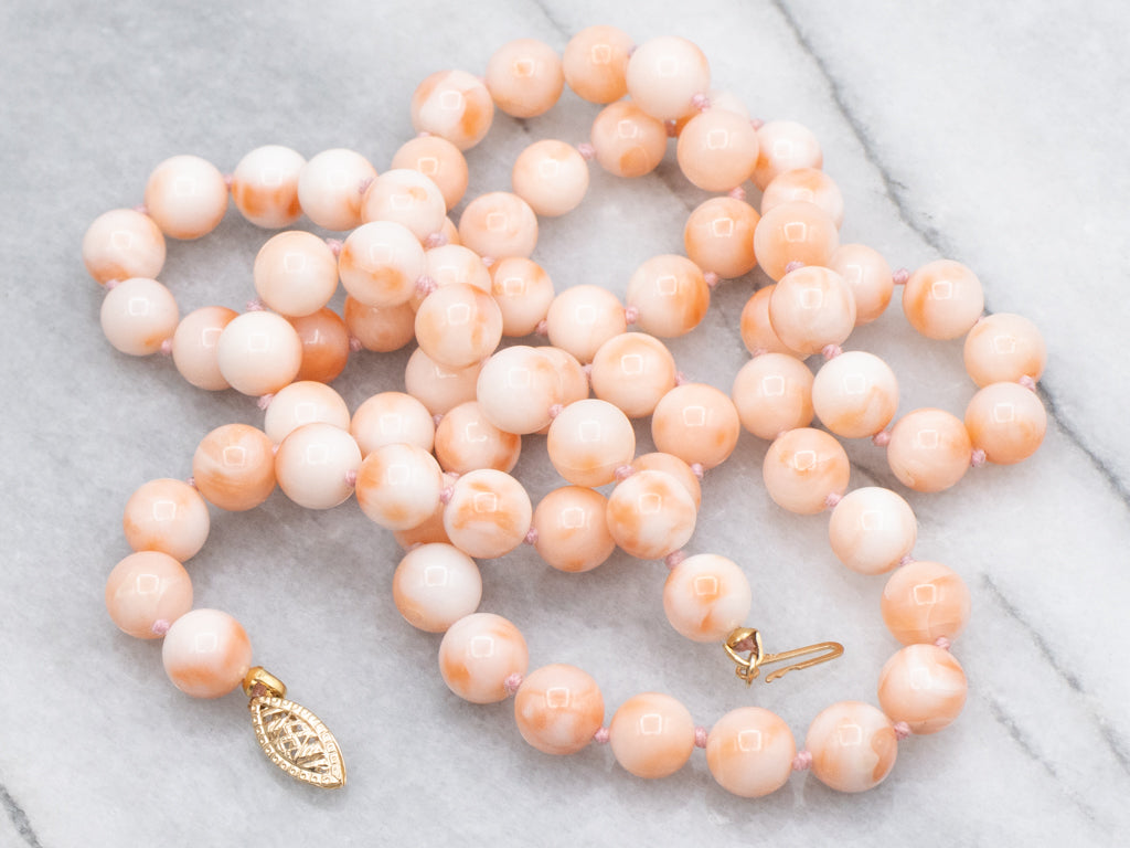 Angle Skin Coral Beaded Necklace with Yellow Gold Filigree Clasp
