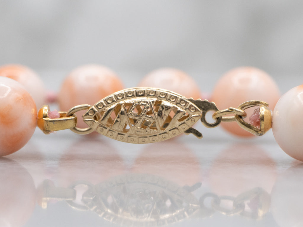 Angle Skin Coral Beaded Necklace with Yellow Gold Filigree Clasp