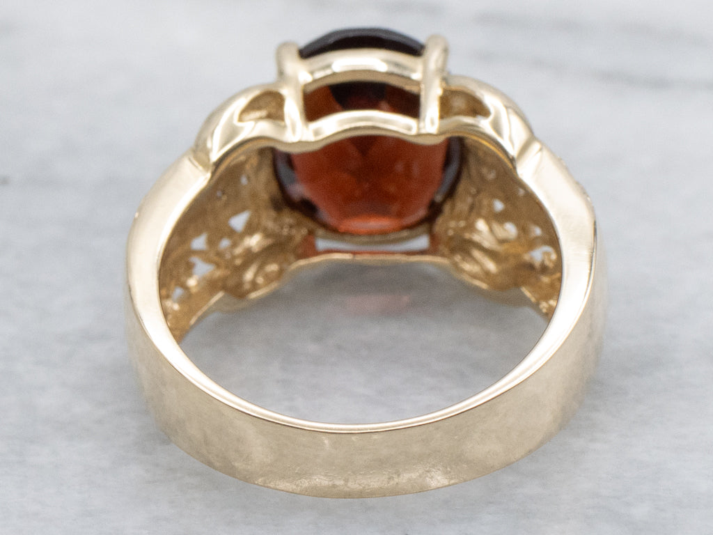 Bold Garnet and Gold Filigree Statement Ring with Diamonds