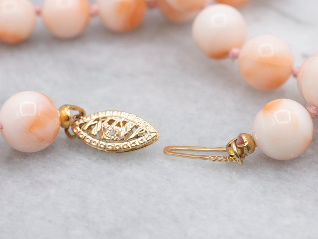 Angle Skin Coral Beaded Necklace with Yellow Gold Filigree Clasp