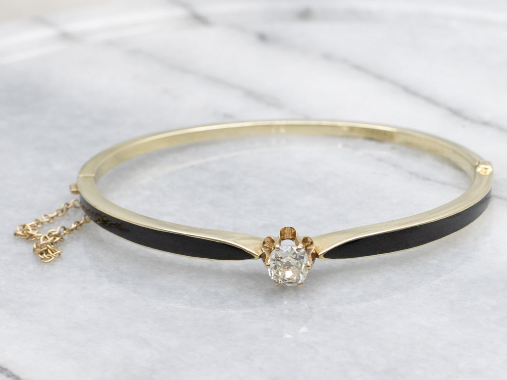 Old Mine Cut Diamond Black Enamel Antique Gold Hinged Bangle Bracelet