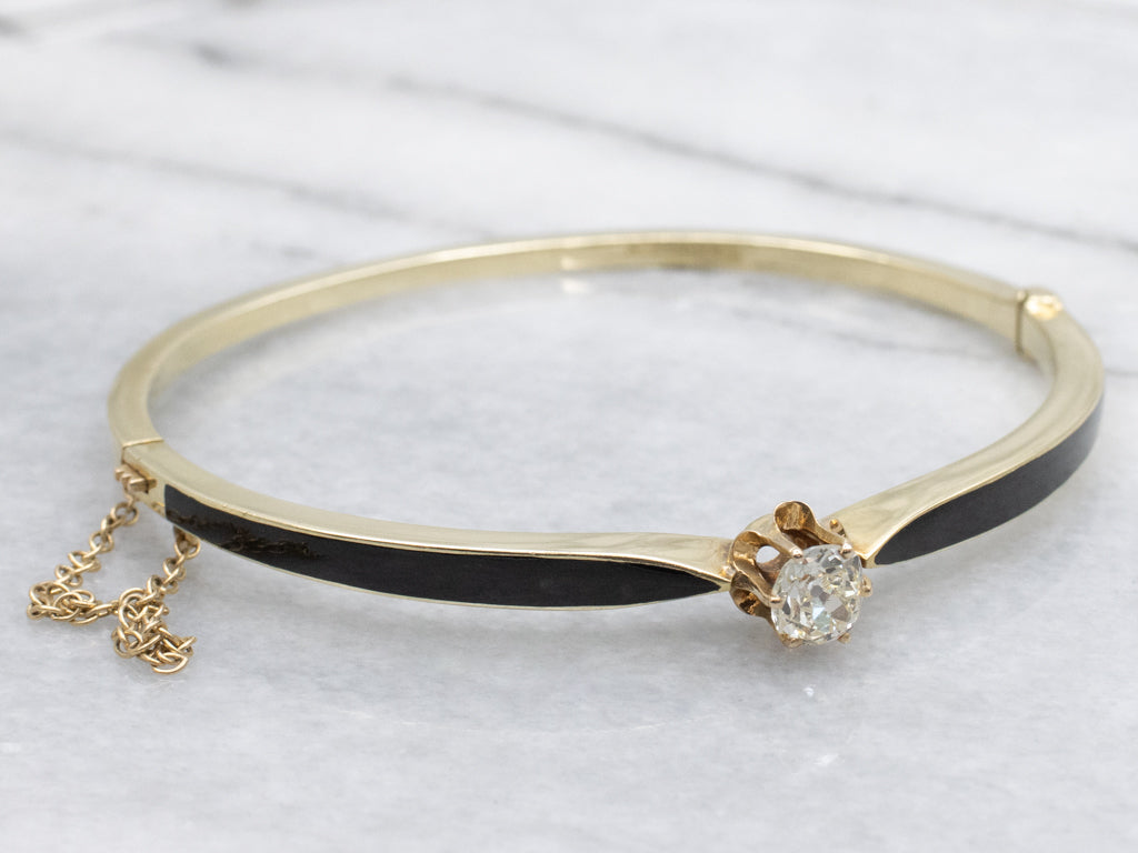 Old Mine Cut Diamond Black Enamel Antique Gold Hinged Bangle Bracelet