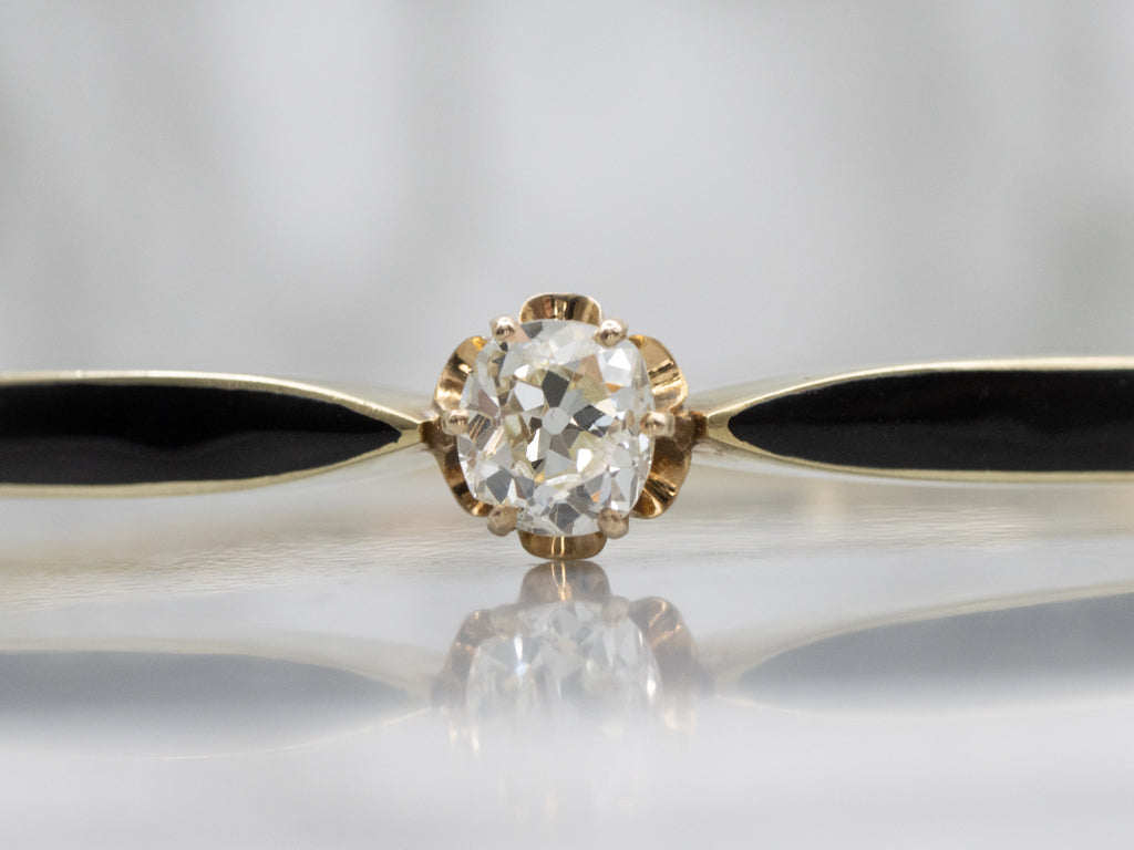 Old Mine Cut Diamond Black Enamel Antique Gold Hinged Bangle Bracelet