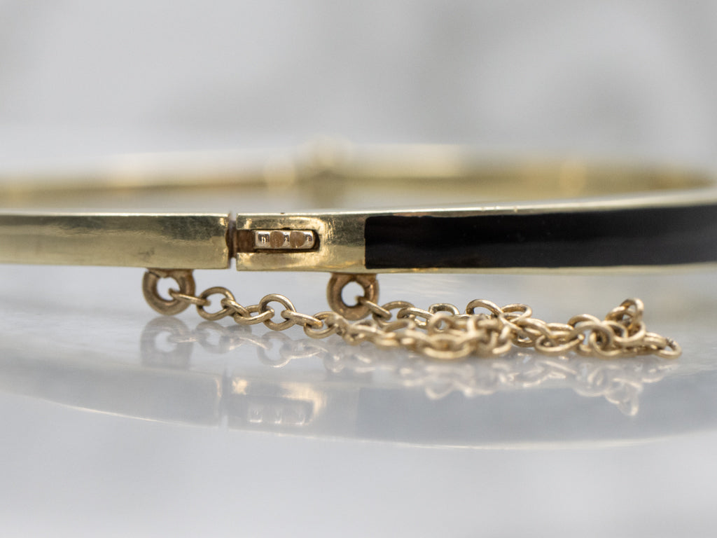 Old Mine Cut Diamond Black Enamel Antique Gold Hinged Bangle Bracelet