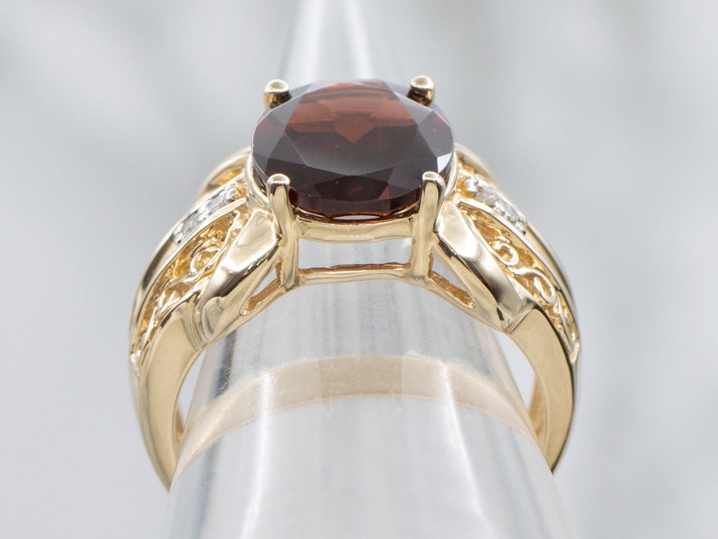 Bold Garnet and Gold Filigree Statement Ring with Diamonds
