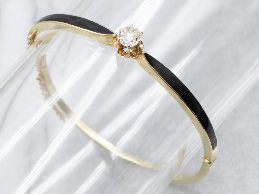 Old Mine Cut Diamond Black Enamel Antique Gold Hinged Bangle Bracelet