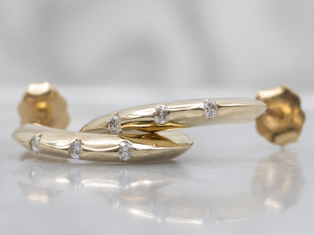 Diamond Yellow Gold Curved J-Hoop Earrings
