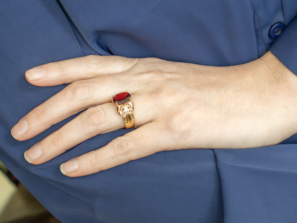 Bold Garnet and Gold Filigree Statement Ring with Diamonds