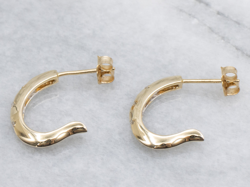 Diamond Yellow Gold Curved J-Hoop Earrings