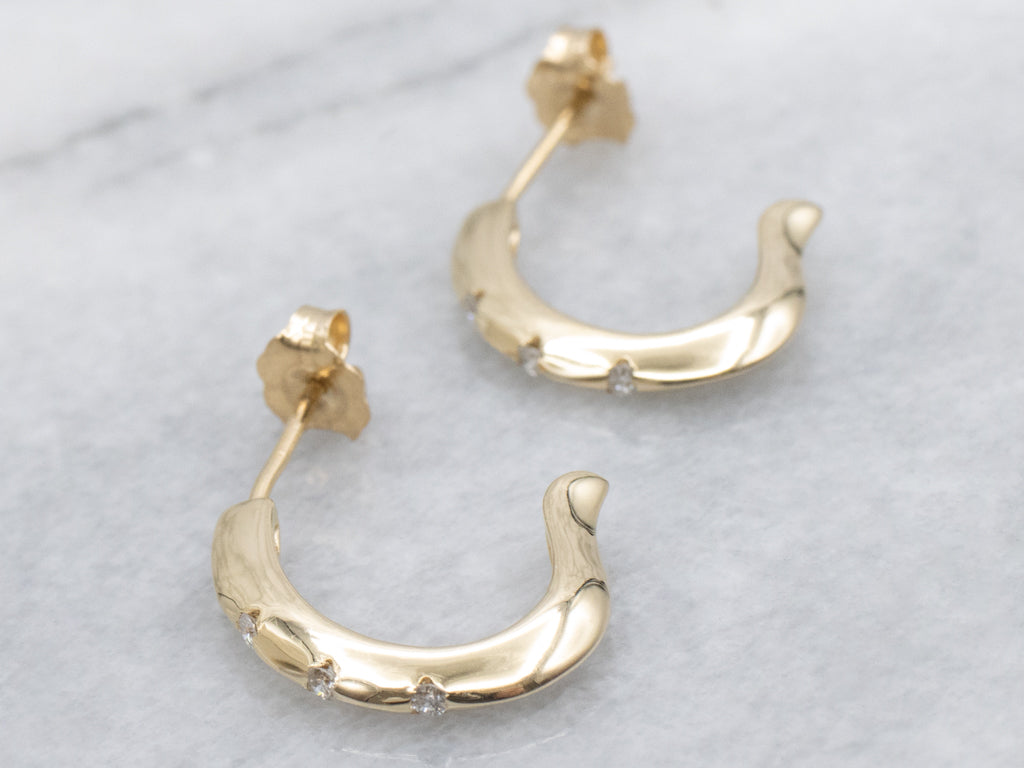 Diamond Yellow Gold Curved J-Hoop Earrings