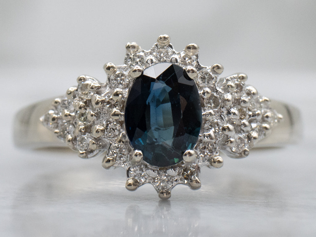 Modern Sapphire and Diamond Halo White Gold Ring