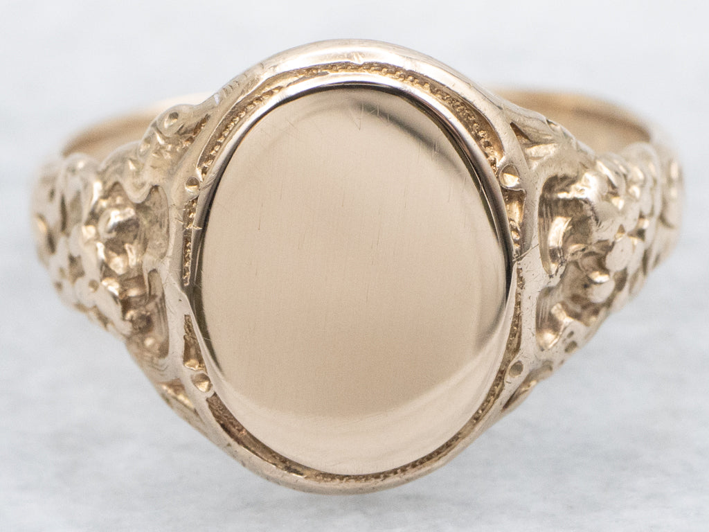 Victorian Rose Gold Oval-Top Floral Signet Ring