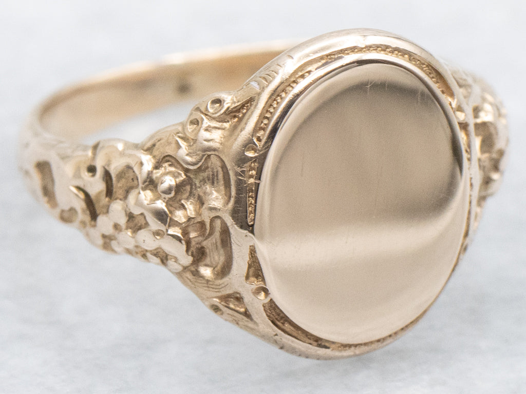 Victorian Rose Gold Oval-Top Floral Signet Ring